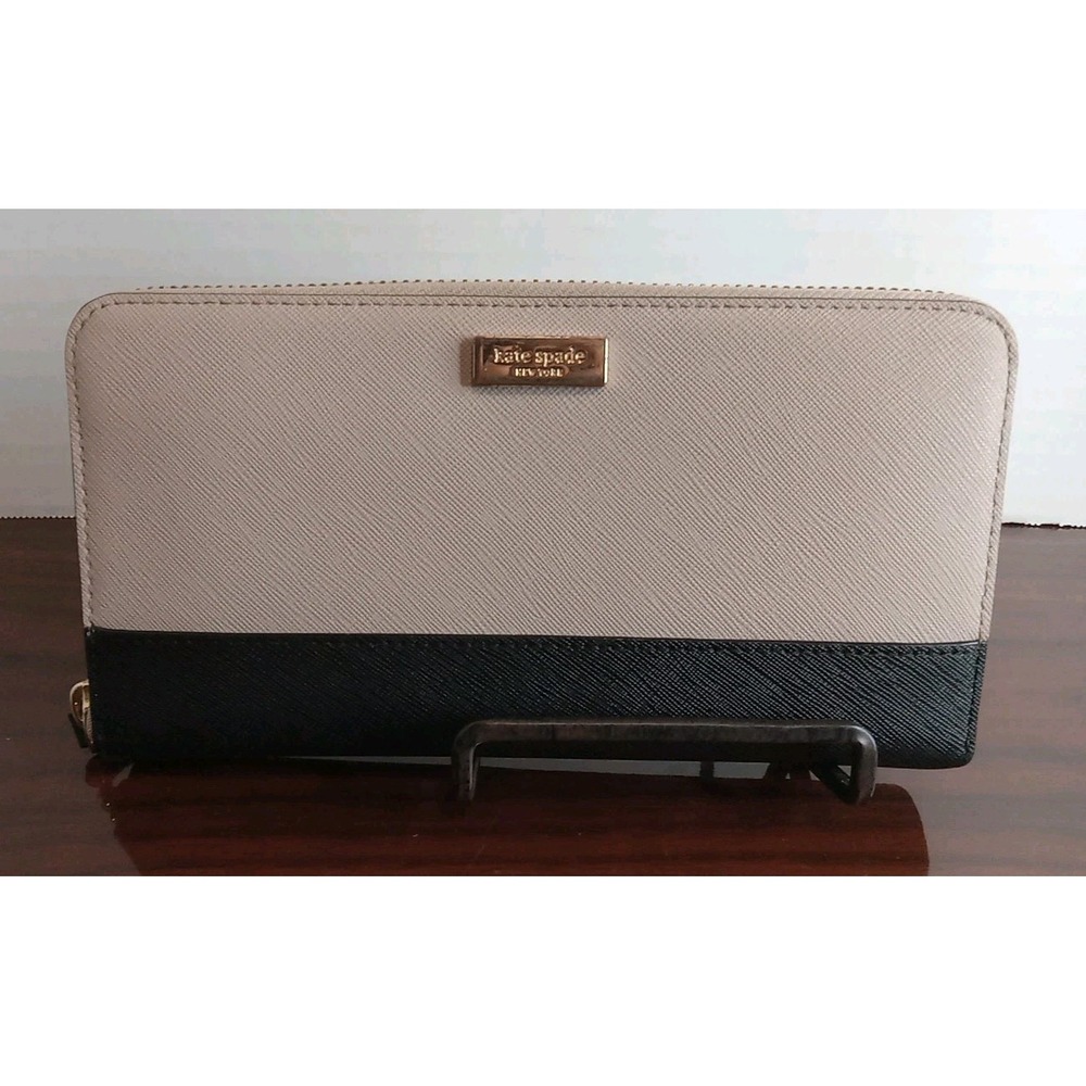 Kate Spade New York Saffiano Leather Zip Around Wallet Beige Black Colorblock